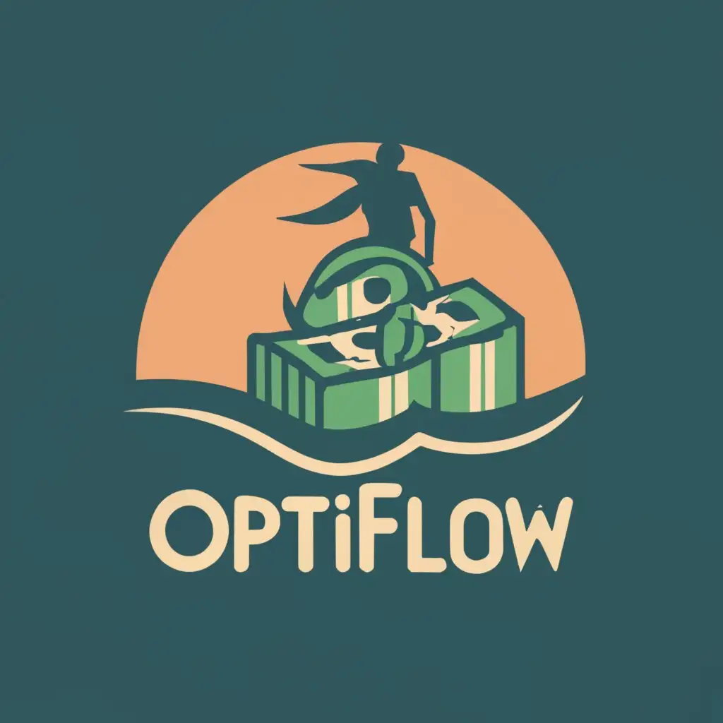 logo, waterfall, surfer, jungle, money, with the text "Optiflow", typography, be used in Finance industry