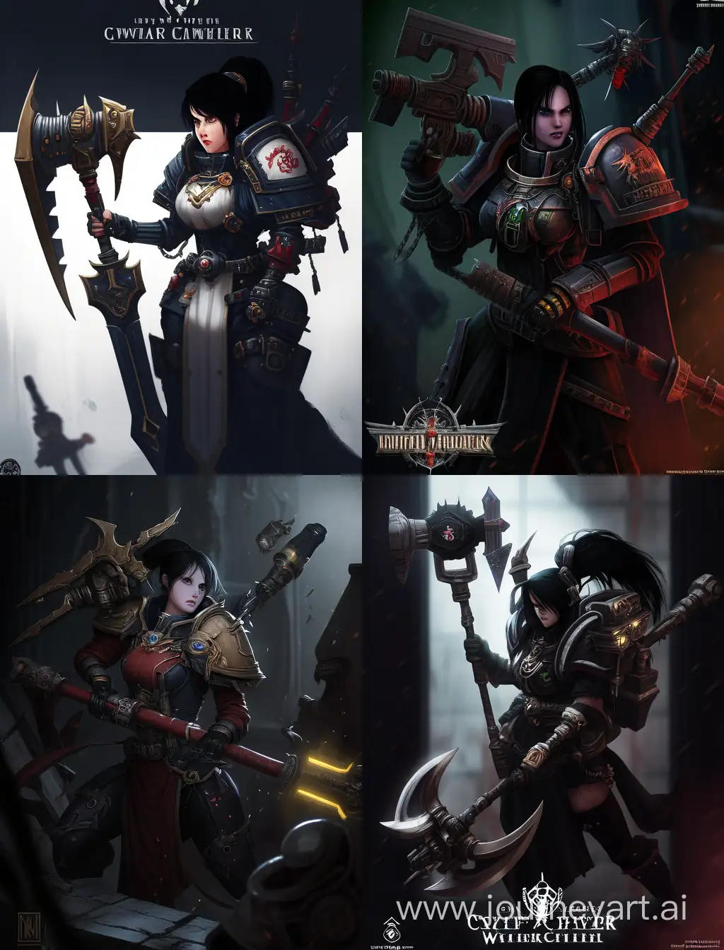 warhammer 40k dark eldar girl with black hair, with carpenter's hammer in hands, with square logo on weapon