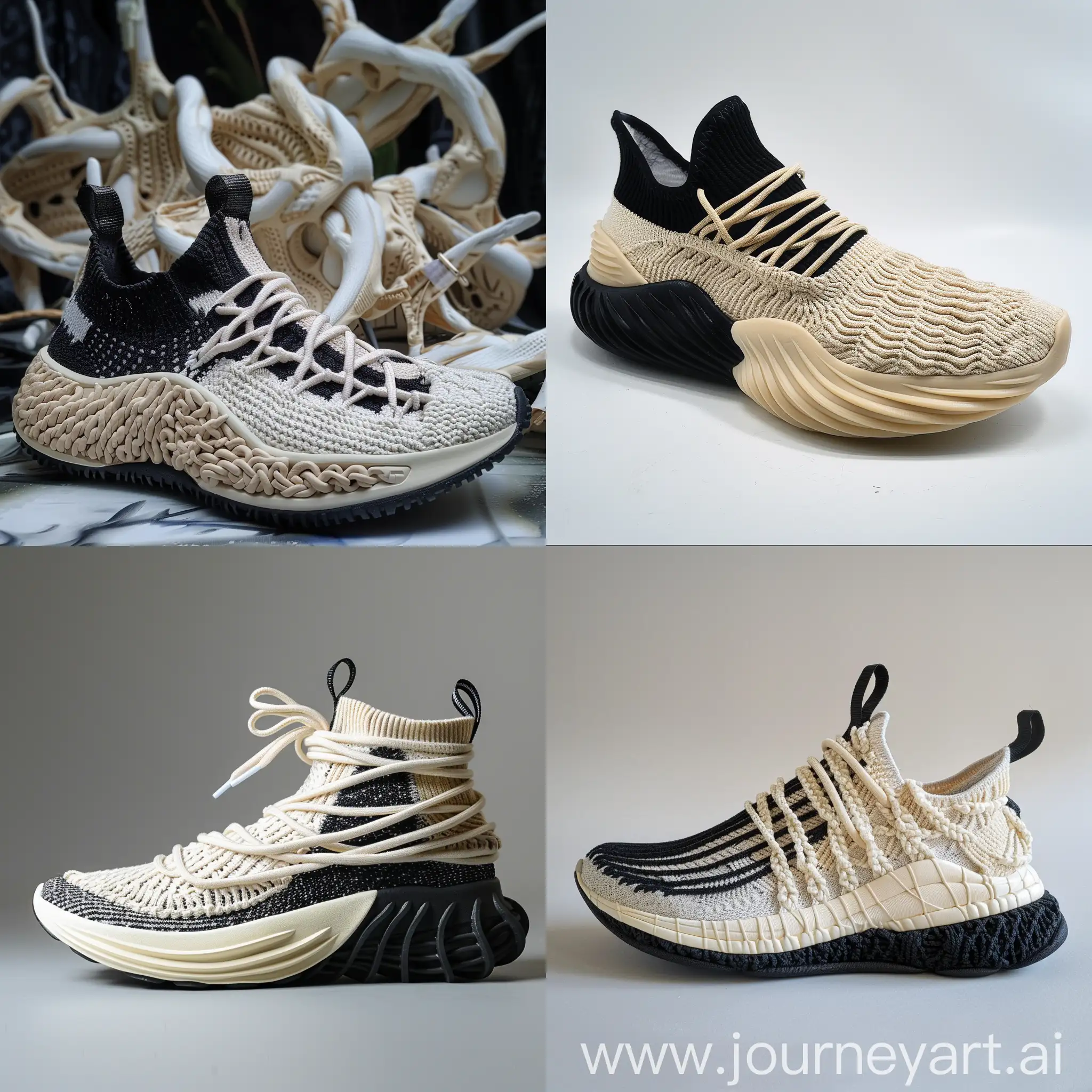 Sneakers design , running and sports , inspired by shark bone , cream color rubber midsole , knitted cables on midsole , some knitted cables on upper , upper color black and cream , low neck , black outsole , knitted laces , 