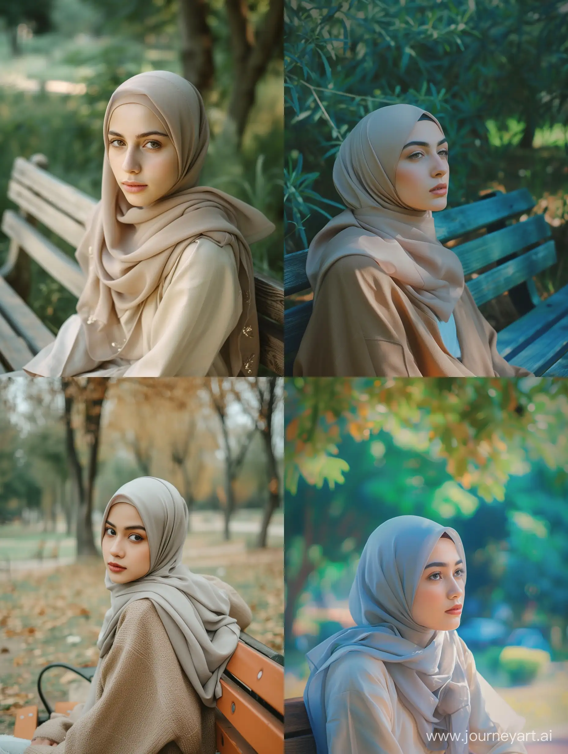 A young woman in hijab sitting alone on a bench at a park, painted with soft pastel colors, contemplative facial expression, captured with a vintage film camera for a nostalgic feel, tranquil nature scene.