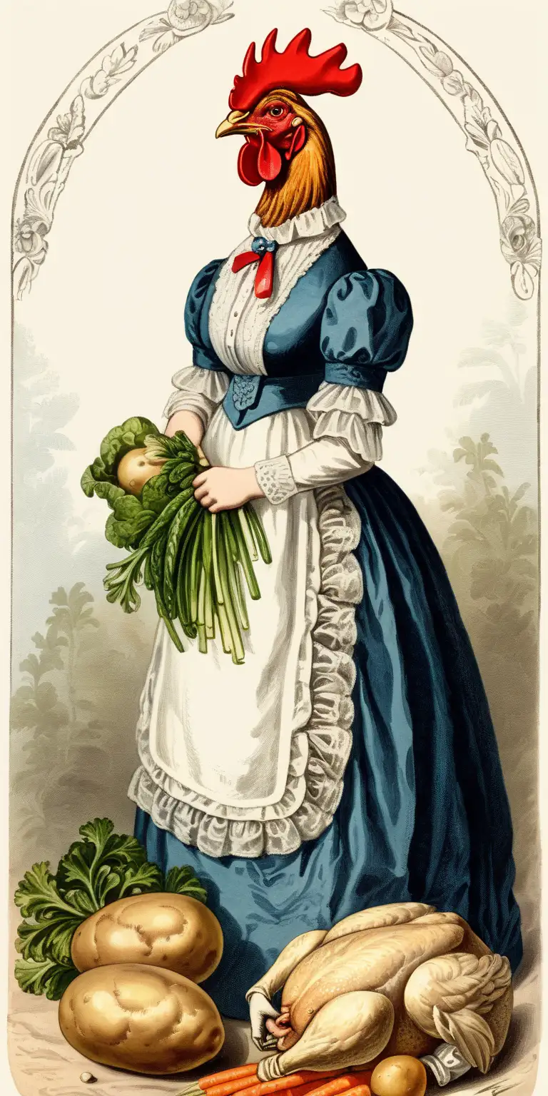 Chicken with head of a woman Women's victorian clothing with potato and vegetables vintage ilustration
