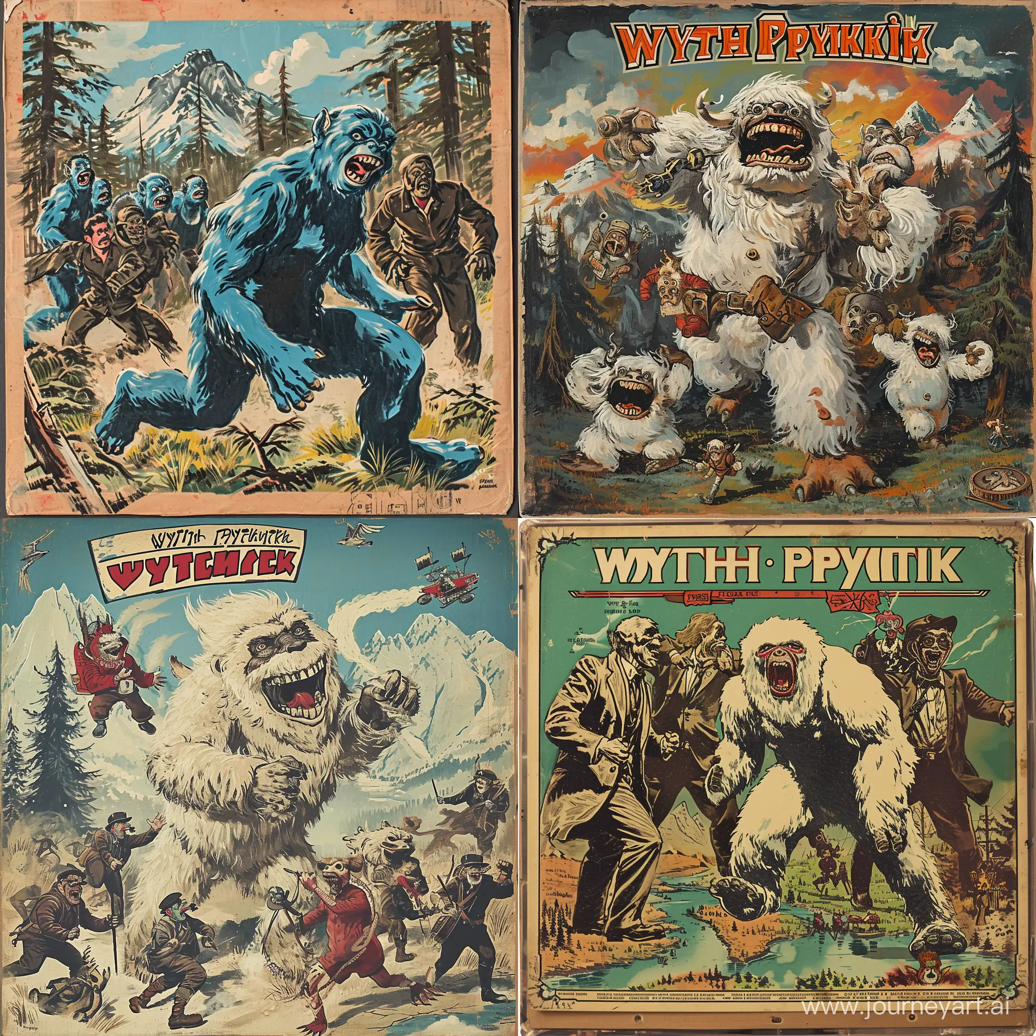 Create the image: An album cover for the band "wytch pycknyck" the album is called "Fröstbite", its about a group of yeti invading north america, in the style of a 30s comic, painted