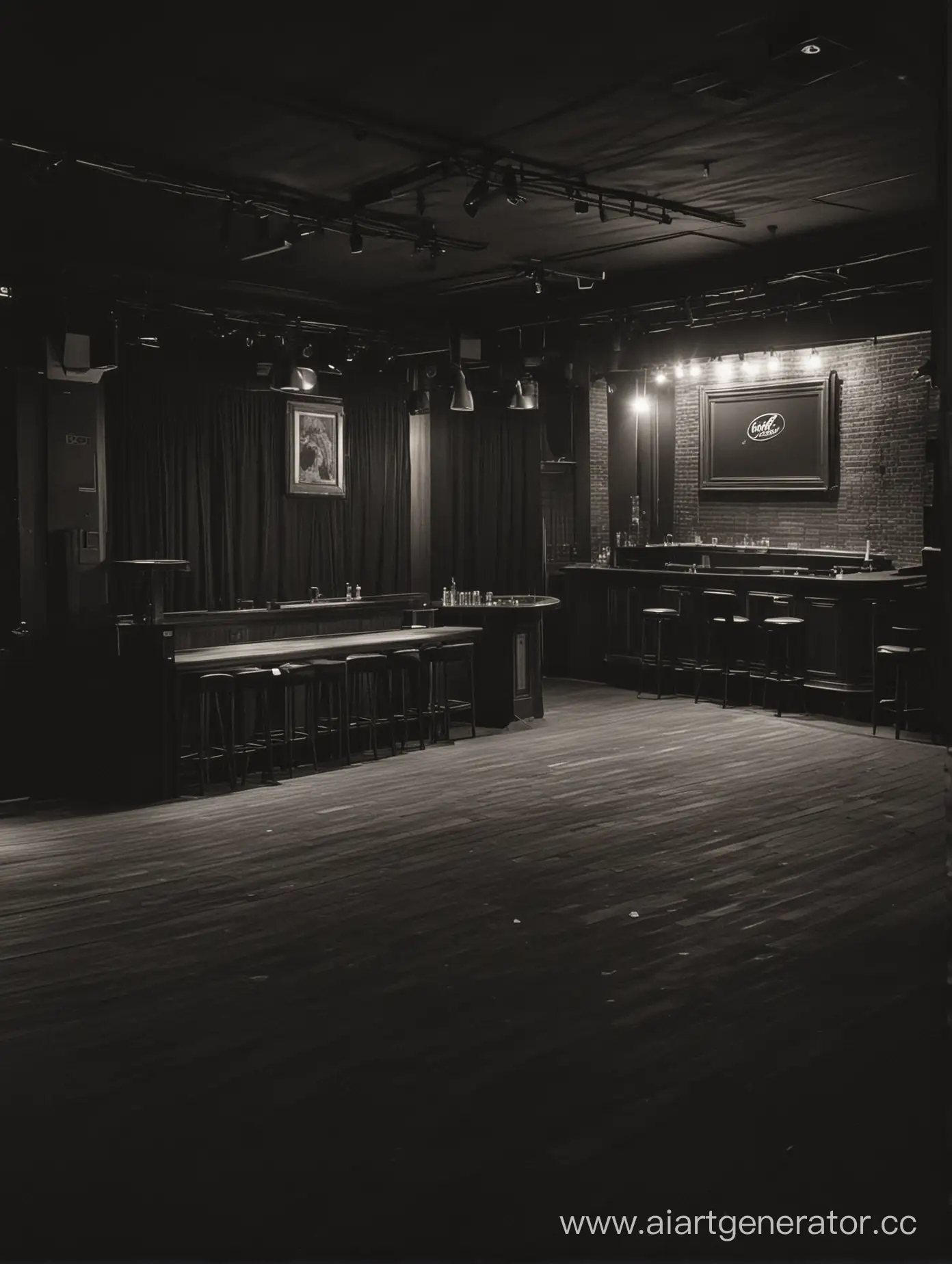 empty night bar with small stage on the right, dark style