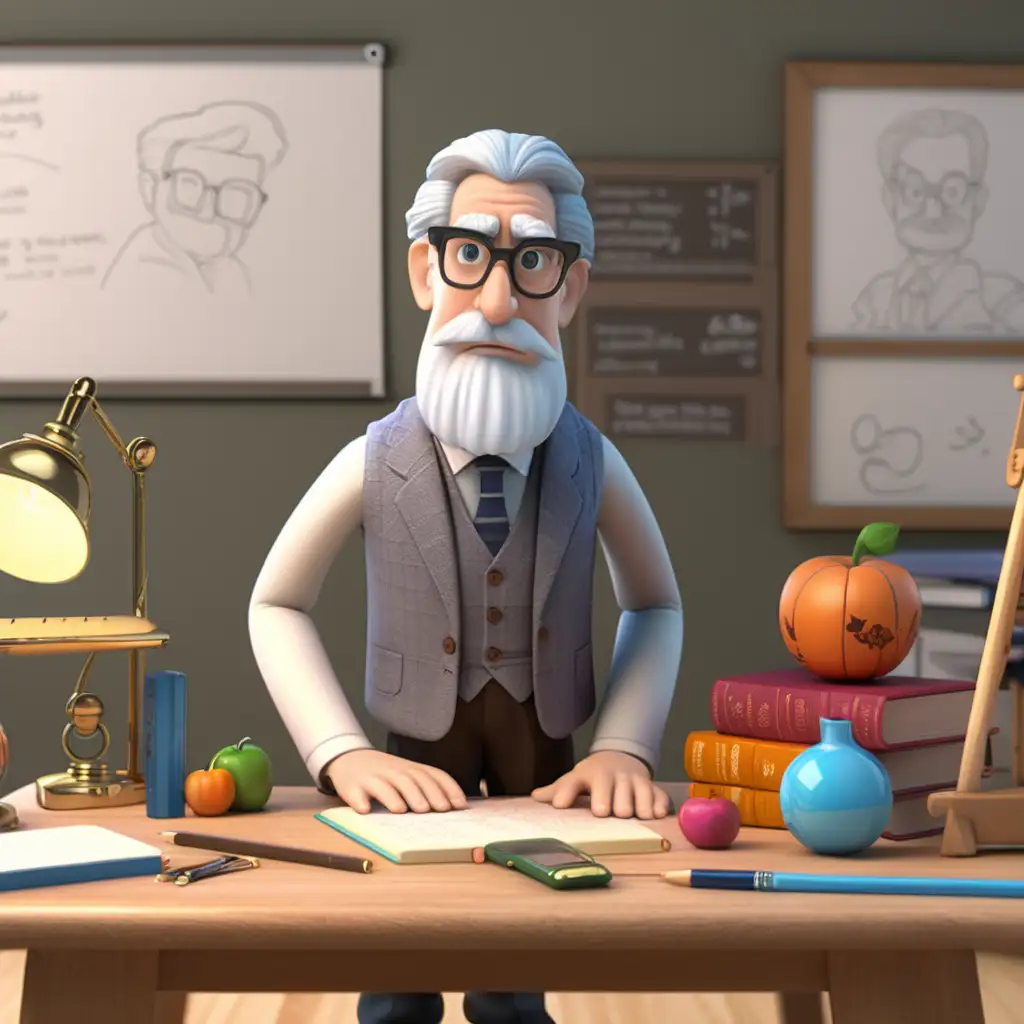 Create a 3D illustrator of an animated character of a philosophy professor stood before his class with some items on a table in front of him.
