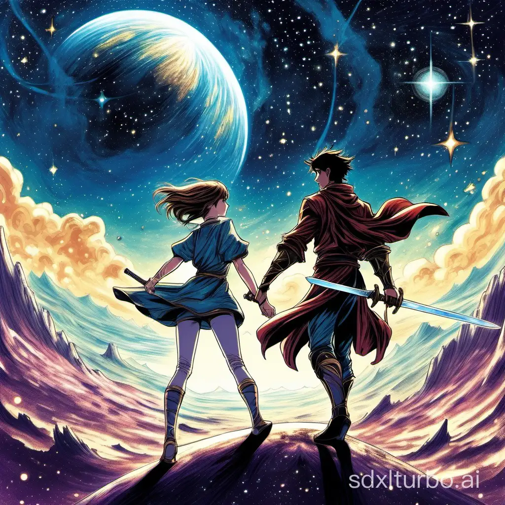 the vast universe, a young swordsman steps on a planet, chasing a girl in the distance, the girl's sleeves flutter, she looks back at the young man, stars twinkle around