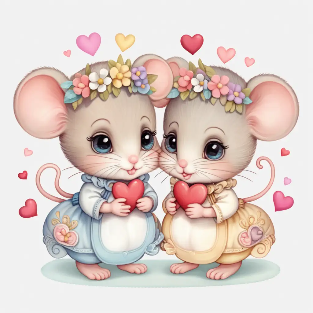 Cute,fairytale,cartoonwhimsical pastel baby mouse couple, dressed up,big eyes, white background, with valentine hearts , flower crown,sticker, very colorful