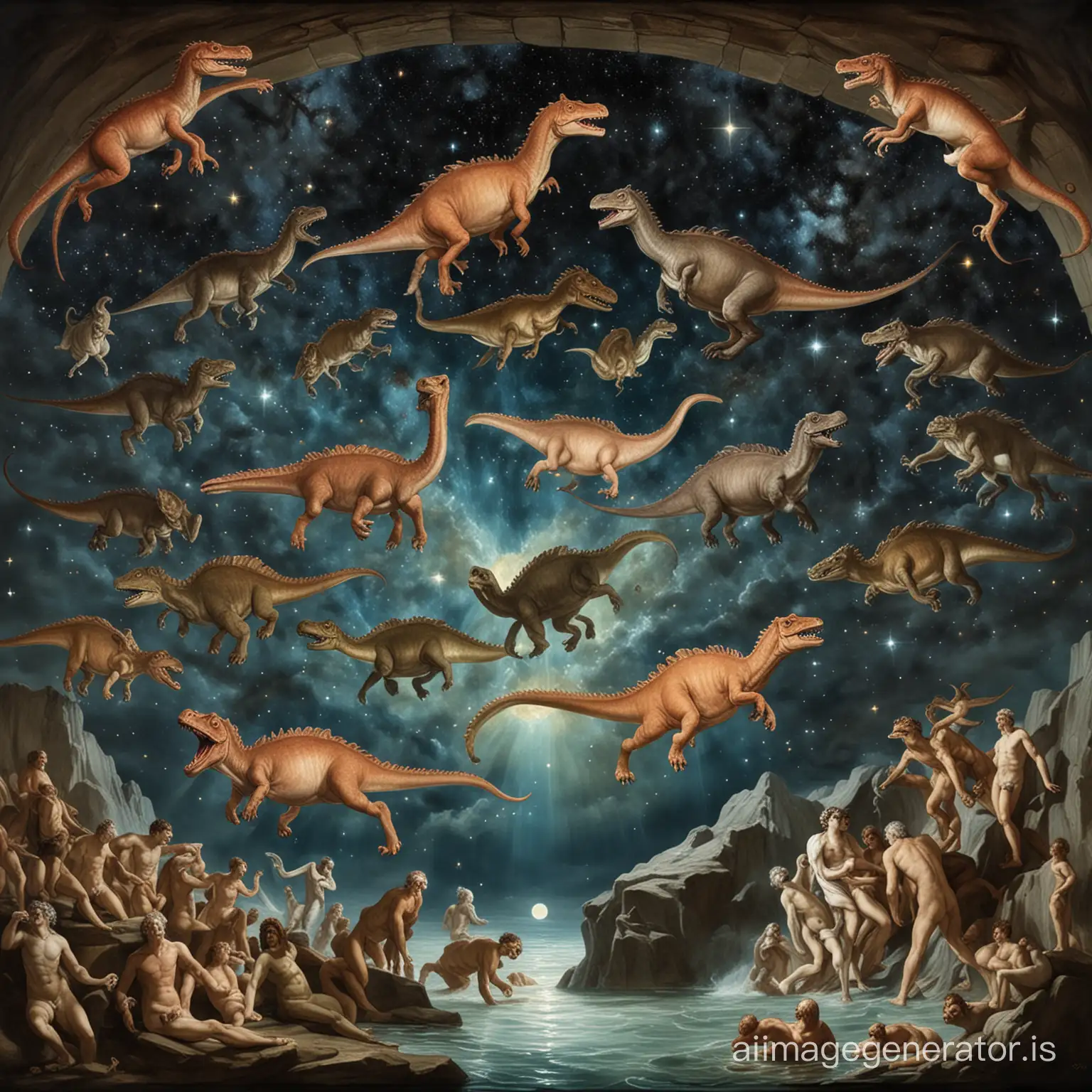 Dinousaurs swim among the stars with William Blake figures in Michelangelo anatomy composed in a Rembrandt painting.