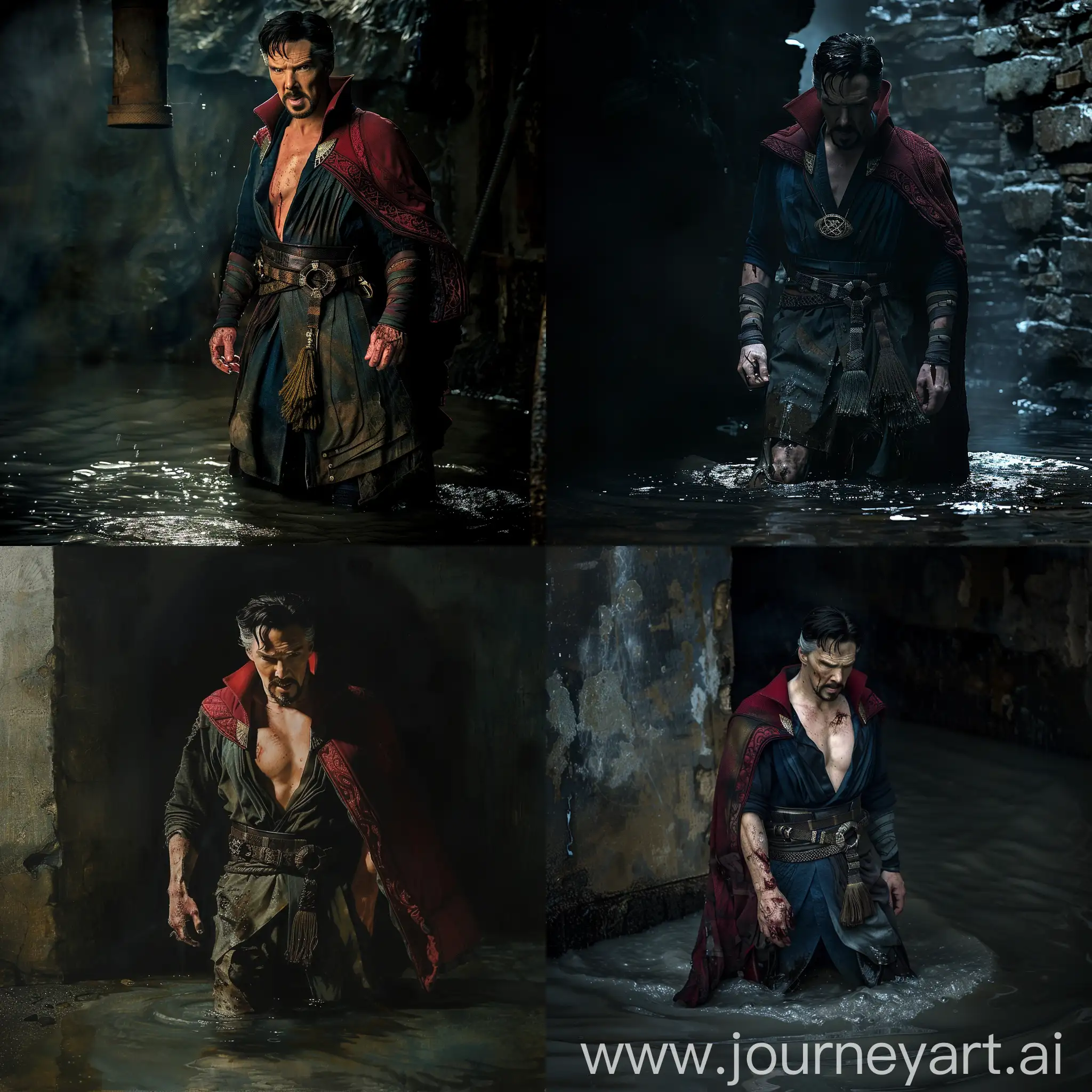 Doctor Strange in ripped, torn, ragged, dirty outfit, shirtless, in a dark room, water rising to his knees.