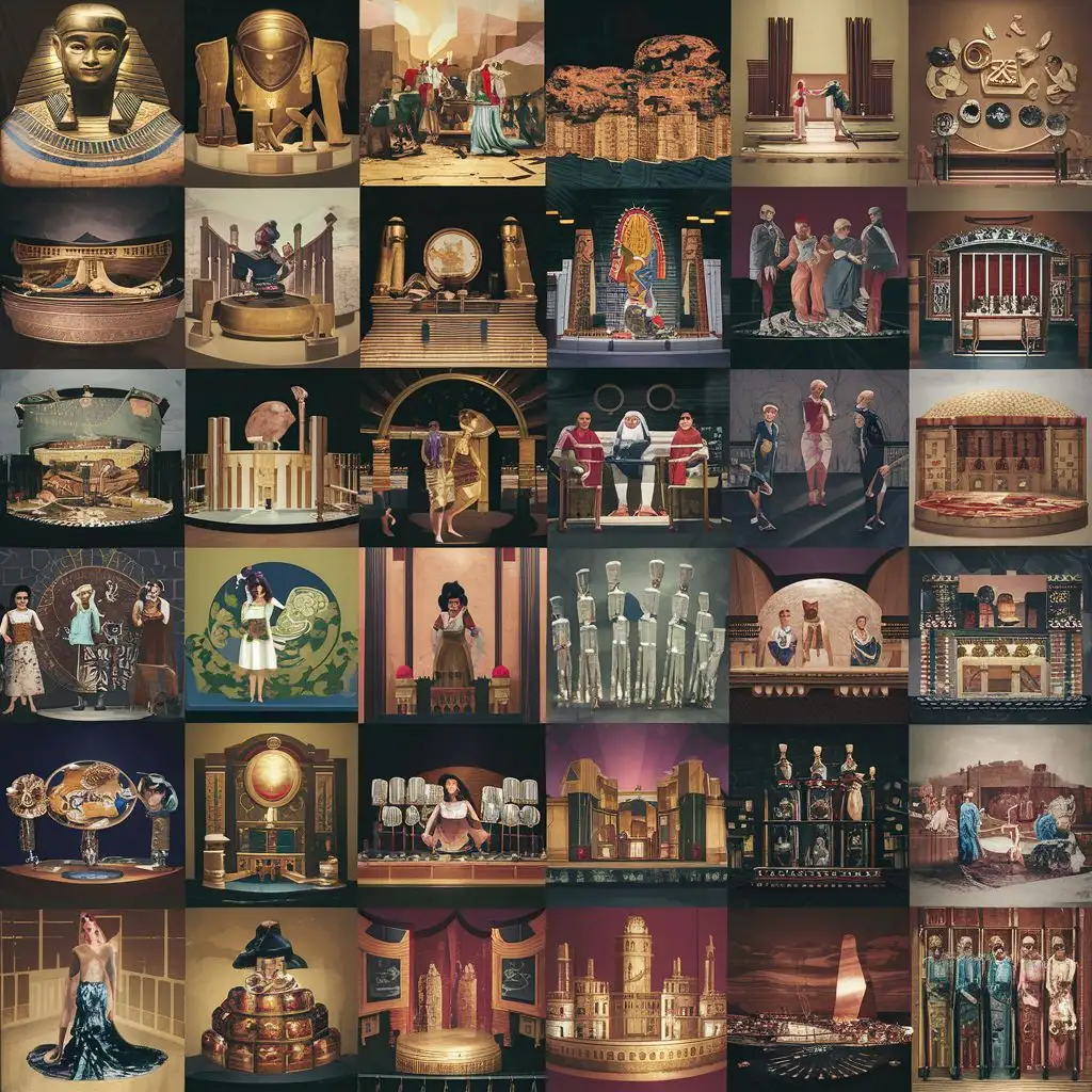 Artistic renditions of different historic periods, from ancient civilizations to the roaring twenties, capturing their unique styles and atmospheres.