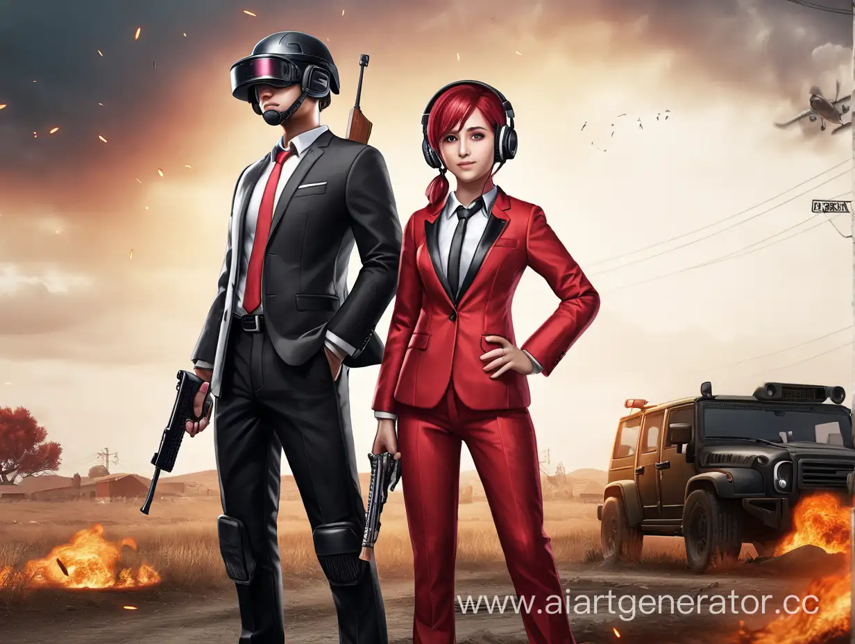 Pro-Gamers-in-Black-and-Red-Suits-Playing-PUBG