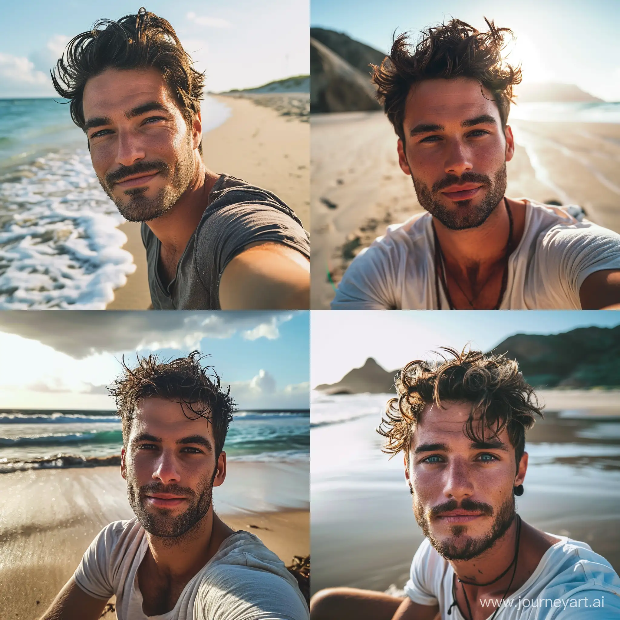 A 30 year old good looking guy taking a selfie at the beach, photography, --v 6