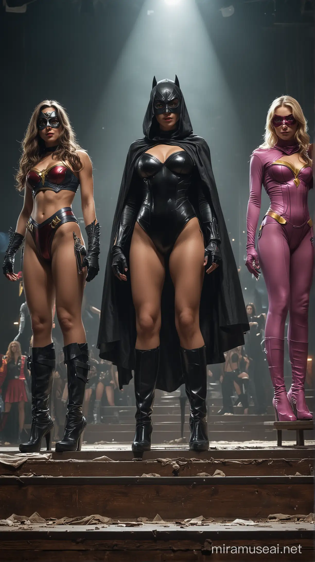 3 beautiful and sexy superheroines with colorful costumes and eye masks are standing on a raised stage in a huge auditorium. They are very distressed and helpless. Next to them on the dais is an auction podium with a muscular auctioneer who is wearing a black hood like an executioner. The stage is surrounded by nasty looking monsters and villains who are all very excited to be bidding on ownership of the captured heroines. Extreme detail. Dangerous atmosphere. Many different colored spotlights. Wide shot view. 