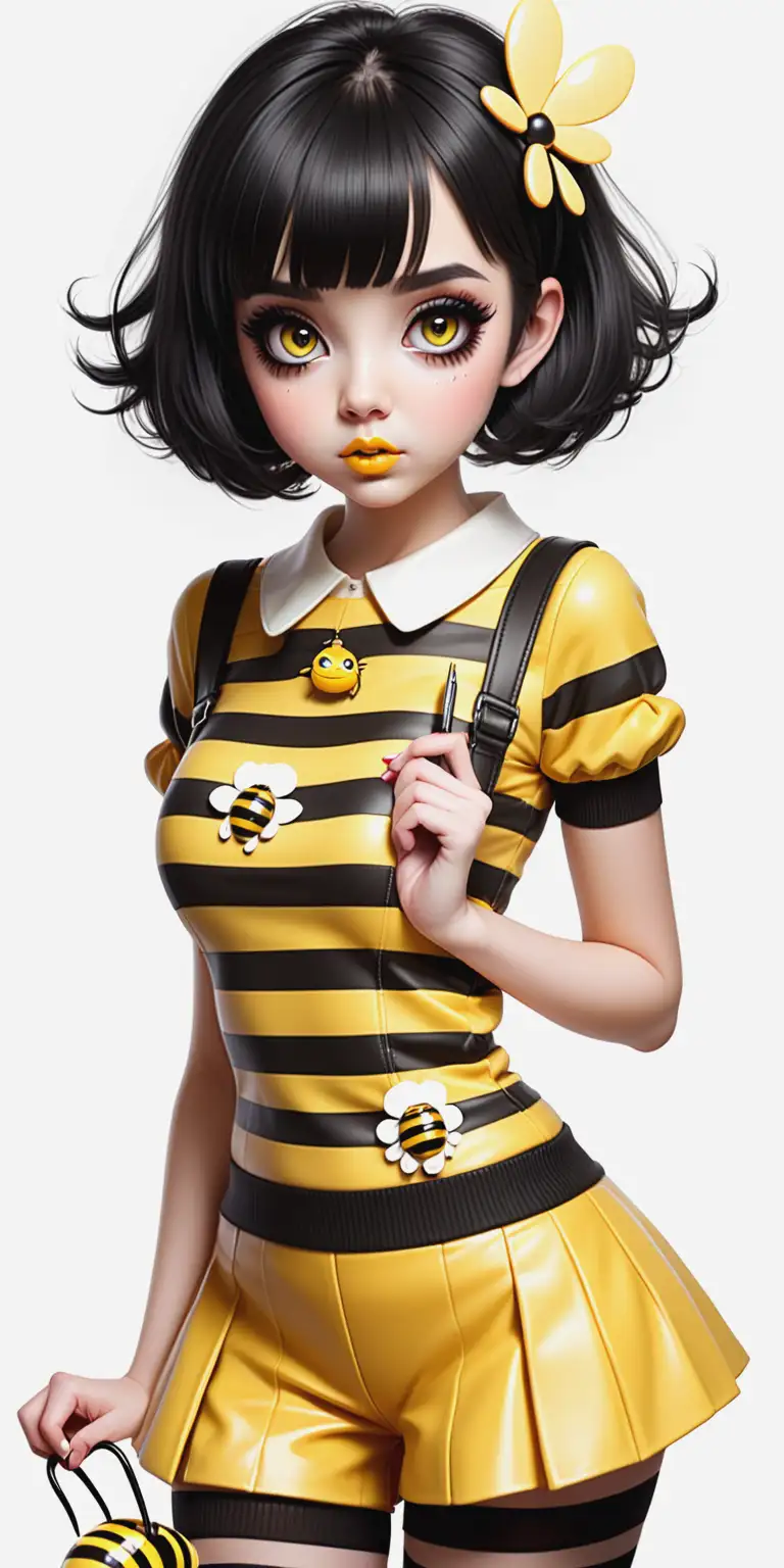 Trendy Kawaii Bee Girl in Yellow Outfit with Lip Gloss and Bob Cut Hair