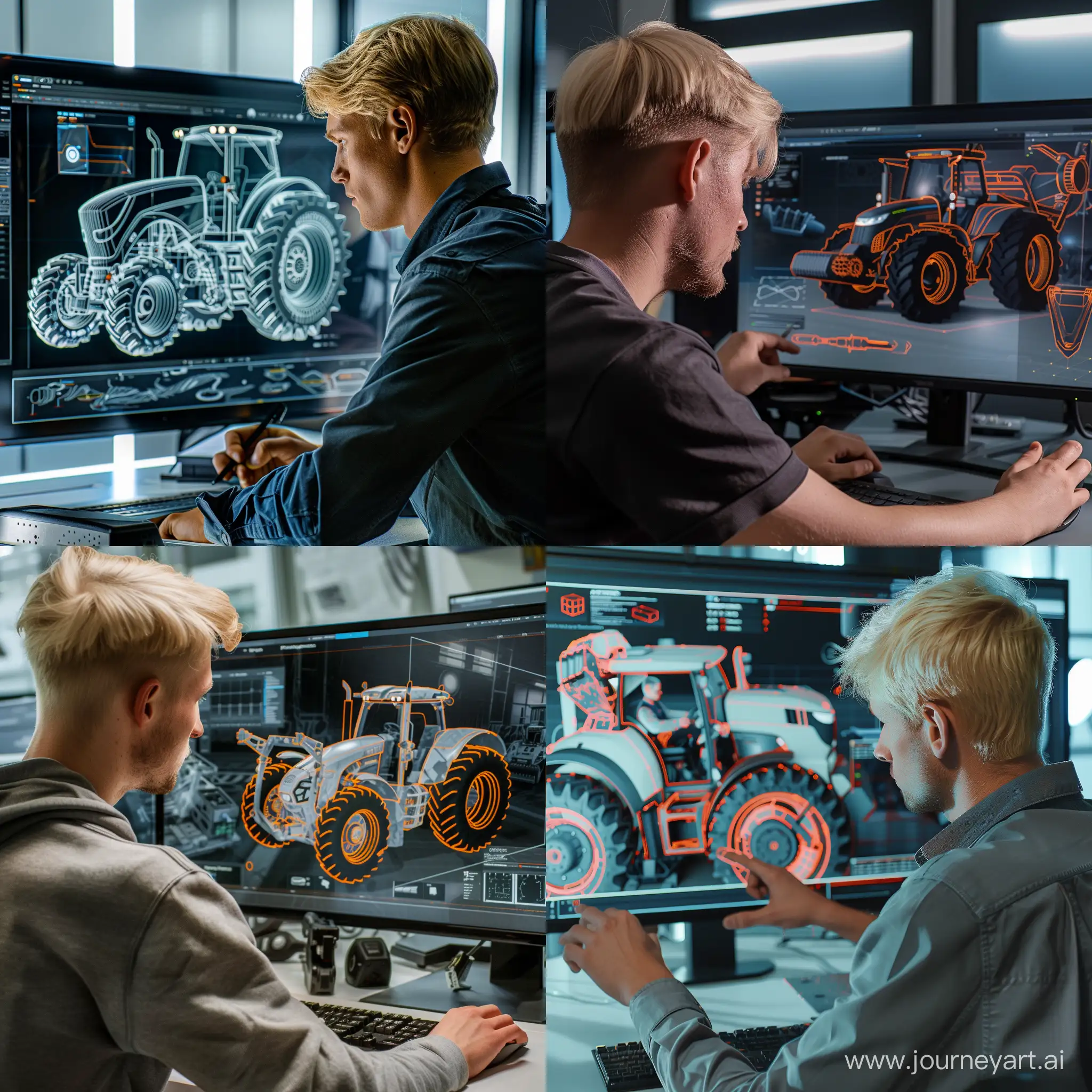 A male engineer with blond hair is working on the design of a virtual tractor "scout TC-1304C" using modern technology in the style of the movie "Iron Man"
