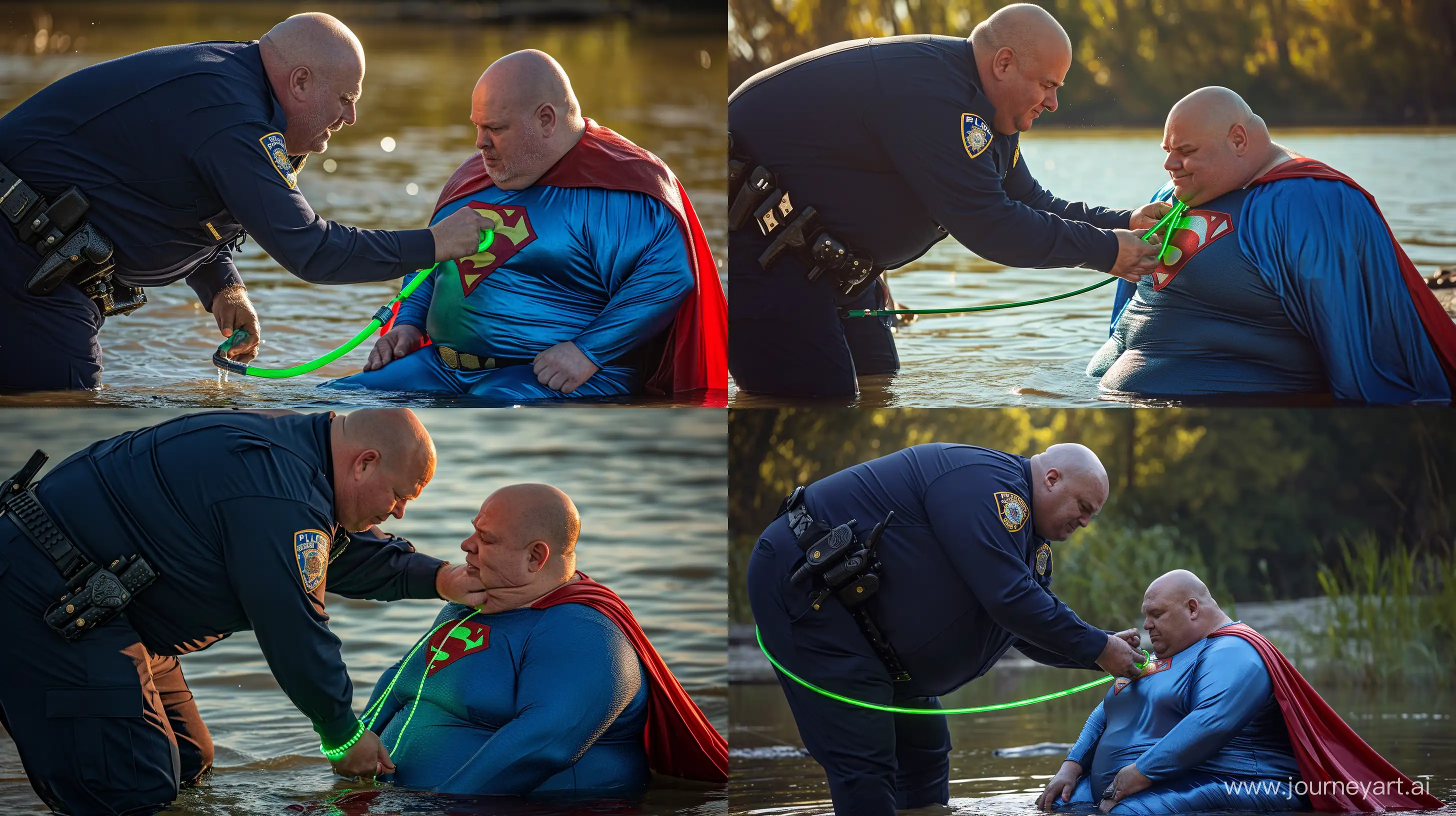 Close-up photo of a chubby man aged 60 wearing a long-sleeved navy police uniform, bending over and tightening a green glowing leash dog collar on the neck of another chubby man aged 60 sitting in the water and wearing a blue silky superman costume with a large red cape. Outside. Natural light. Bald. Clean Shaven. --style raw --ar 16:9 --v 6
