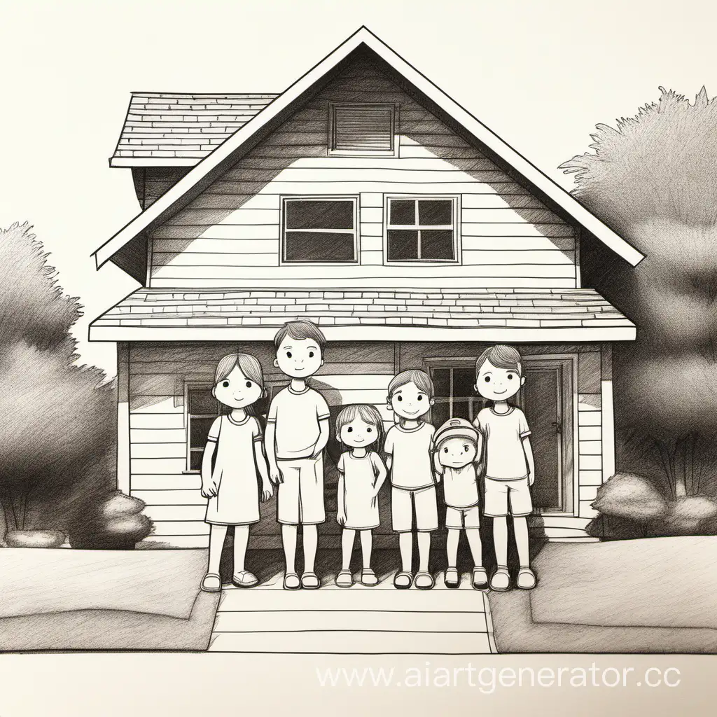 Семья из 5 человек позади дома солнечно с помощью карандаша простенько