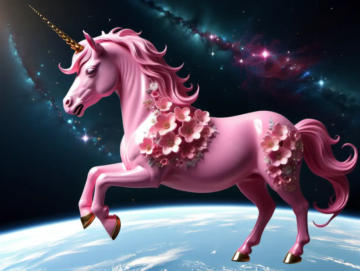 Pink Unicorn Surrounded by Imaginary Flowers in Space