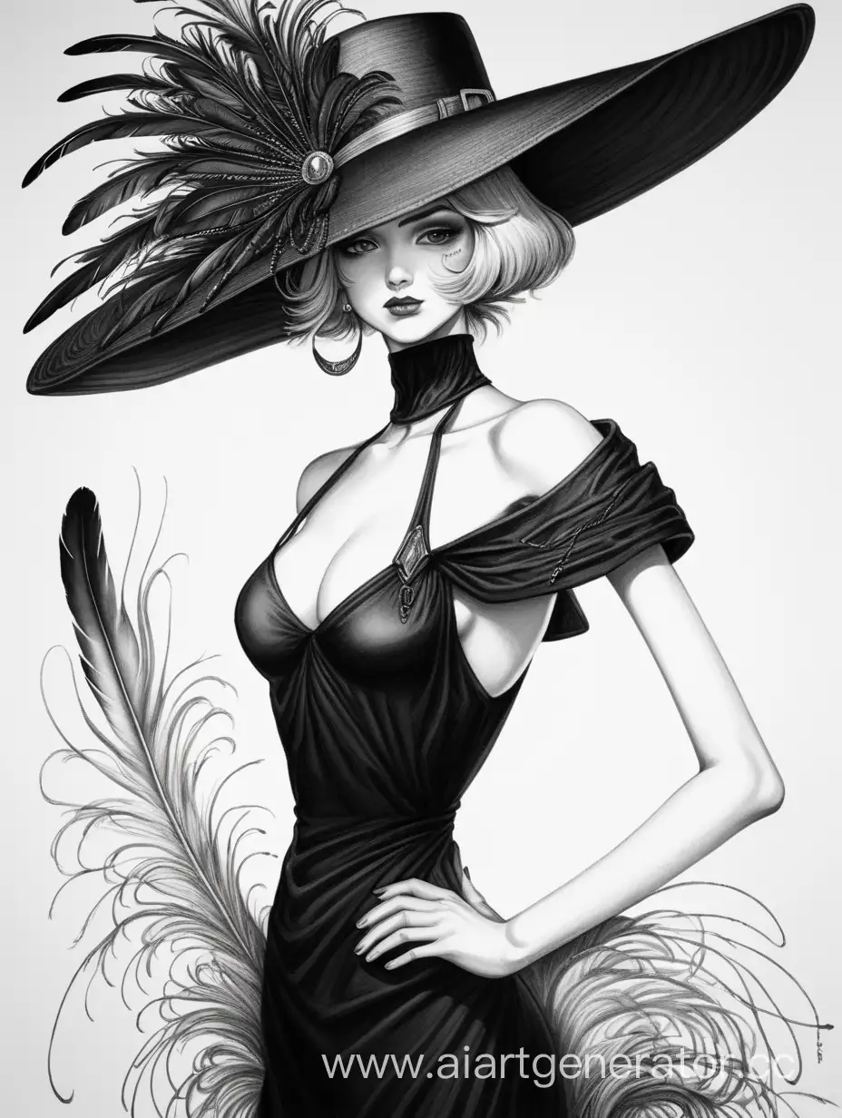2D рисунок, высокая дама в черном платье, на голове широкополая шляпа со страстными перьями