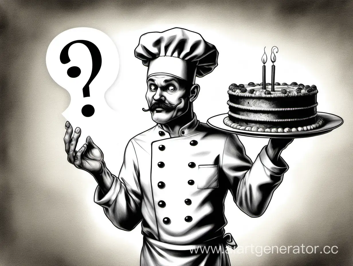 Chef-Holding-Cake-with-Question-Mark-Intriguing-Pencil-Drawing