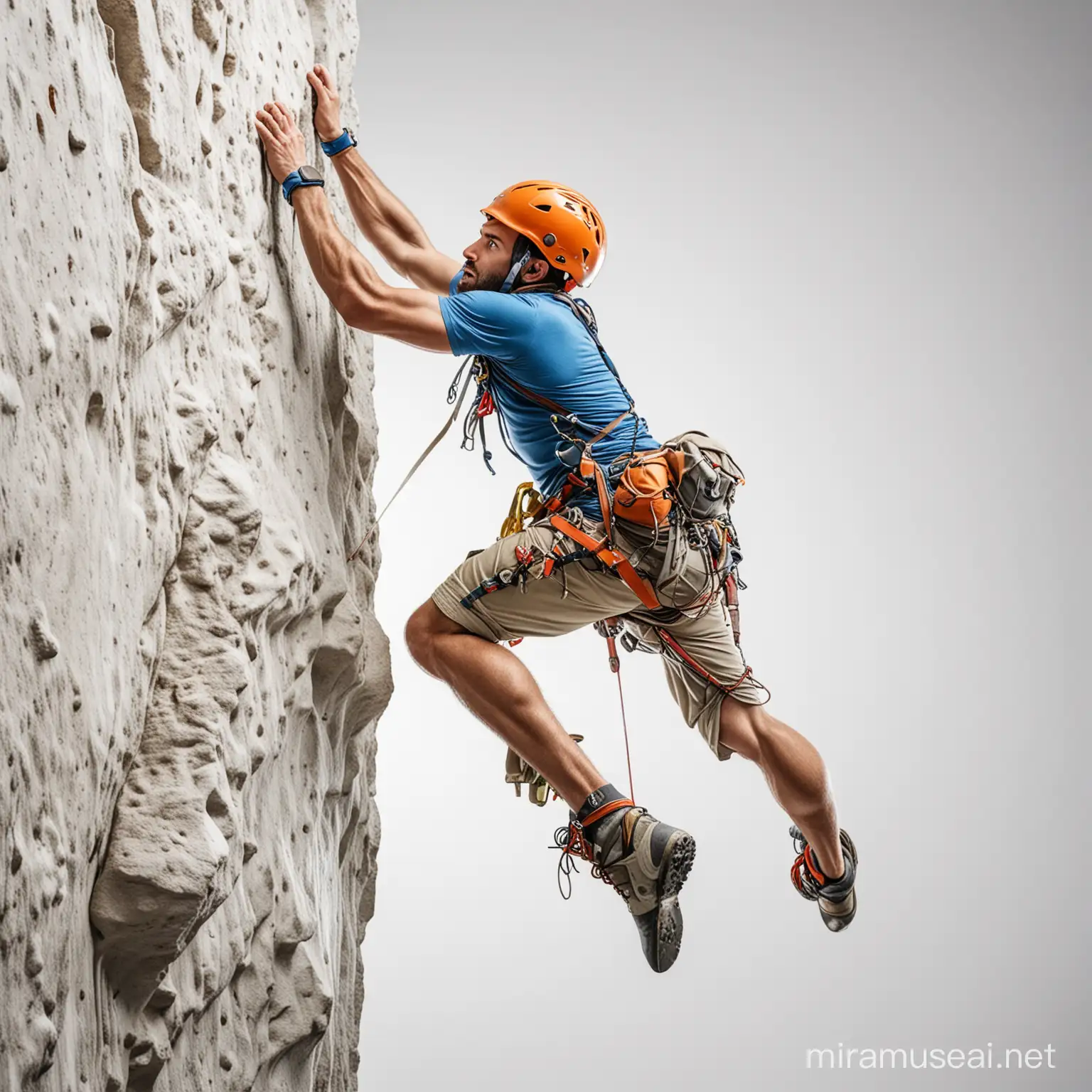 Ambitious Climber Scaling Challenging Terrain Against a Bright White Background