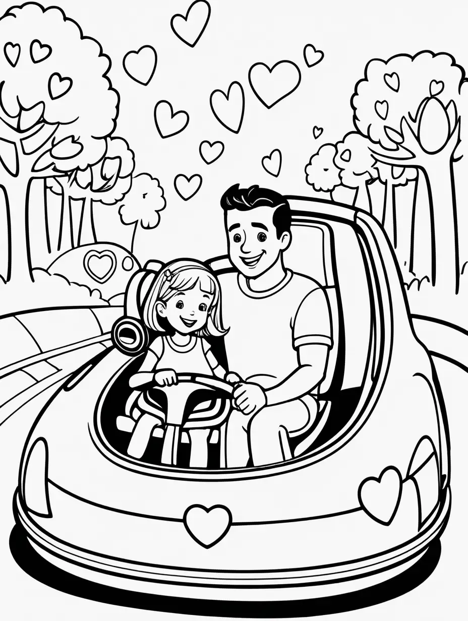 Cute, fairytale, whimsical, cartoon, younger Daddy and daughter Valentine's Day bumper cars, extremely simple, black and white, coloring pages for kids cartoon style, thick lines, low detail--no shading --ar 9:11--v5
