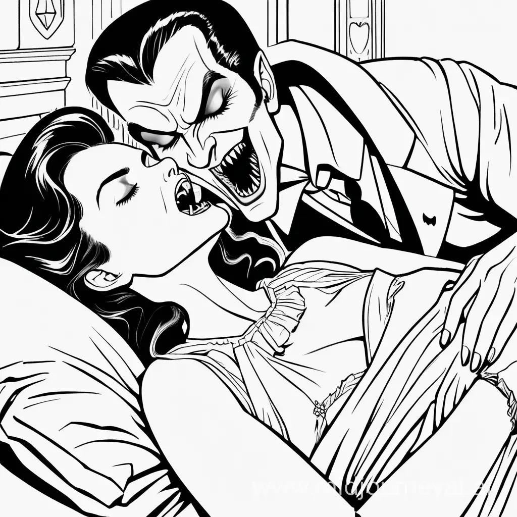 Erstelle mir ein Ausmalbild in schwarz-weiß von einer Frau, die gerade im Bett schläft und einem Vampir mit scharfen Zähnen, der sich über die Frau lehnt und den Mund dabei geöffnet hat, weil er der Frau gerade in den Hals beißen will