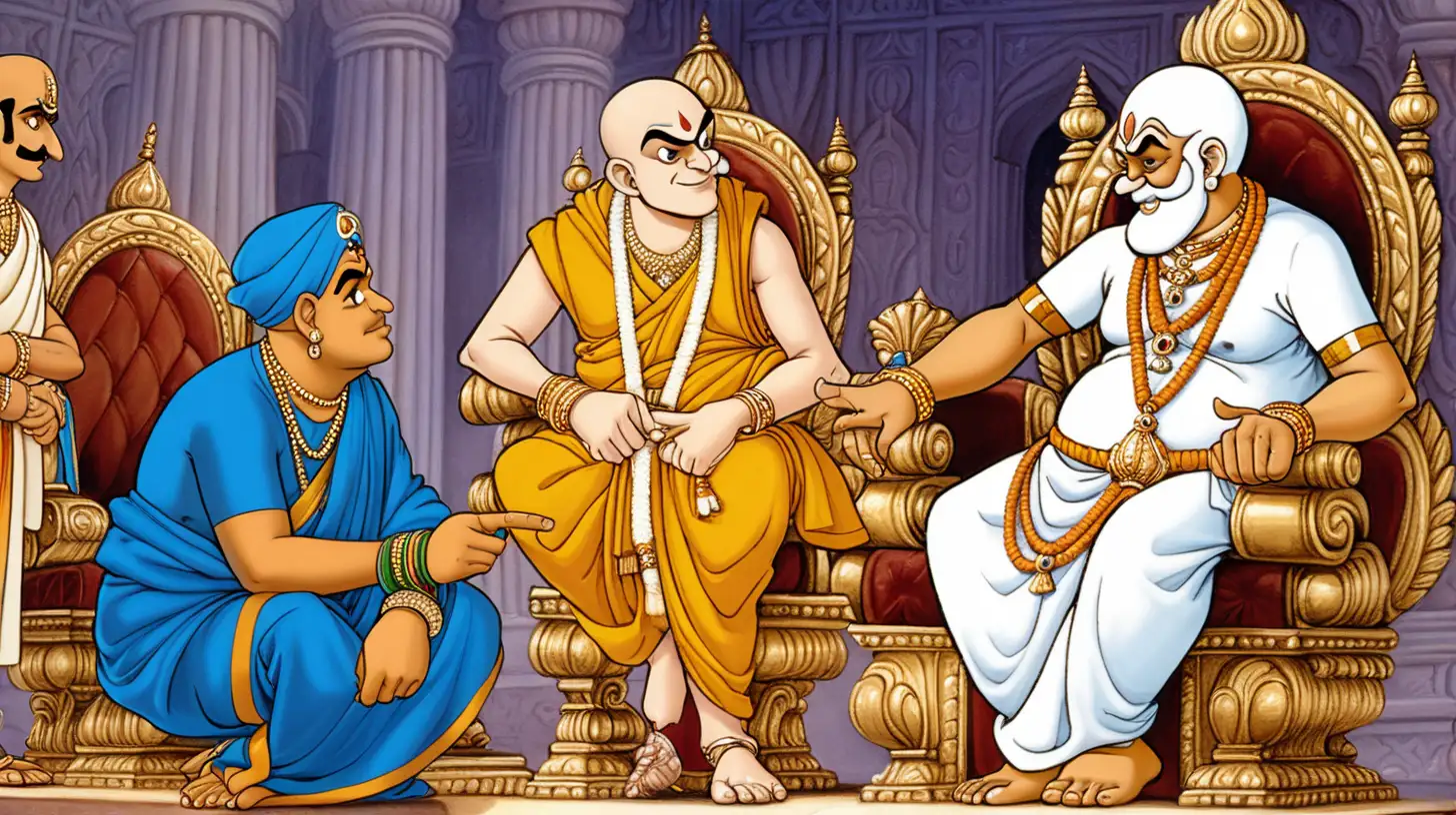 tenali raman a young minister of Indian king dressed in a blue robe and wearing some jwellary and a bald head talking to an Indian mid aged king in his assembly while the king is sitting on the throne. The king is wearing golden clothes with some jwellery.