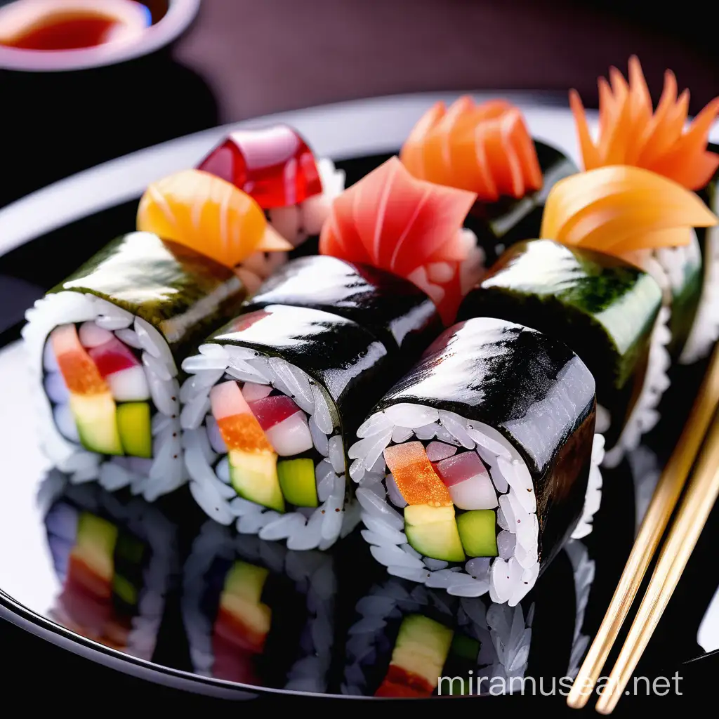 Produce a picture of three shiny iridescent crystal maki sushi in a row delicious served