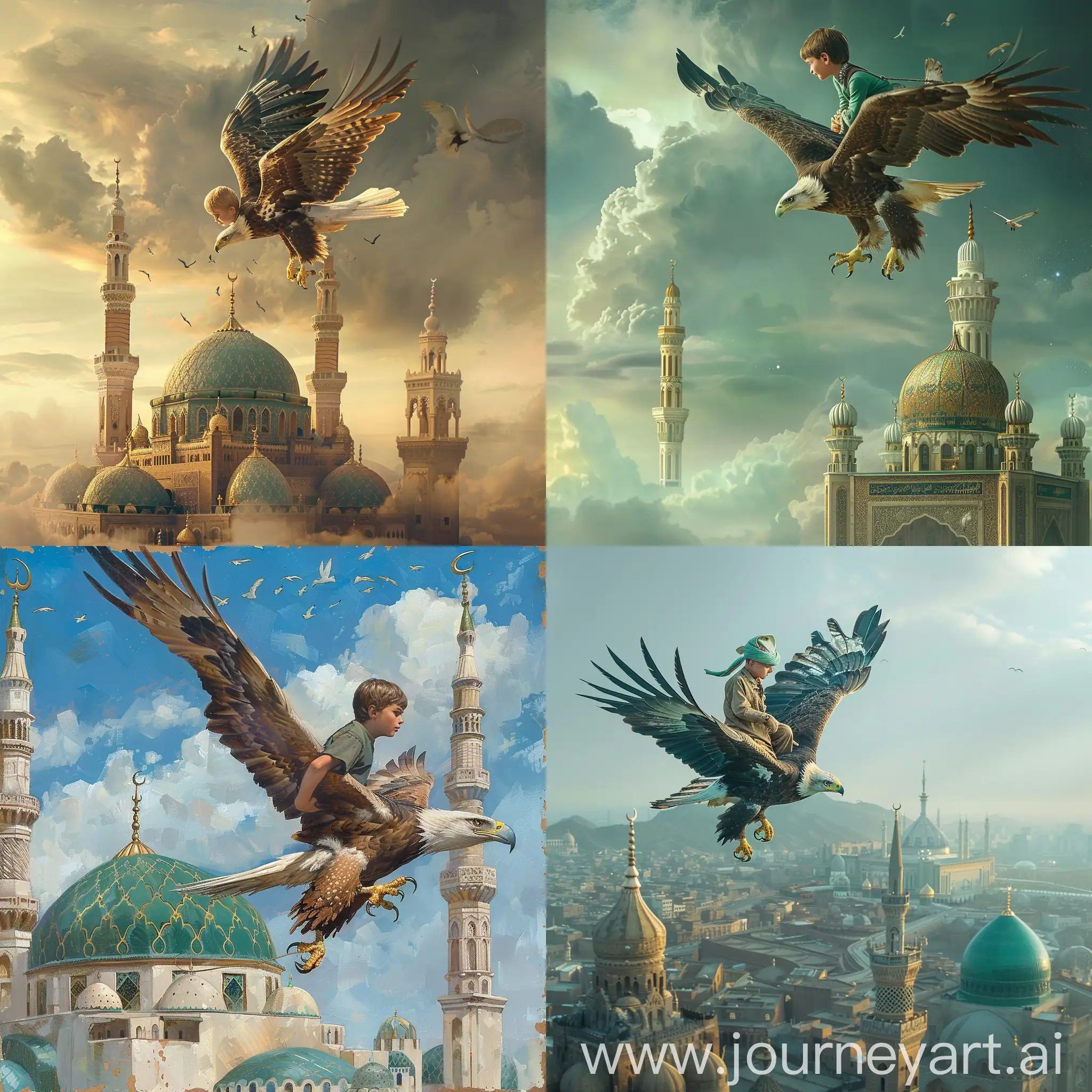a boy riding eagle over mosque 