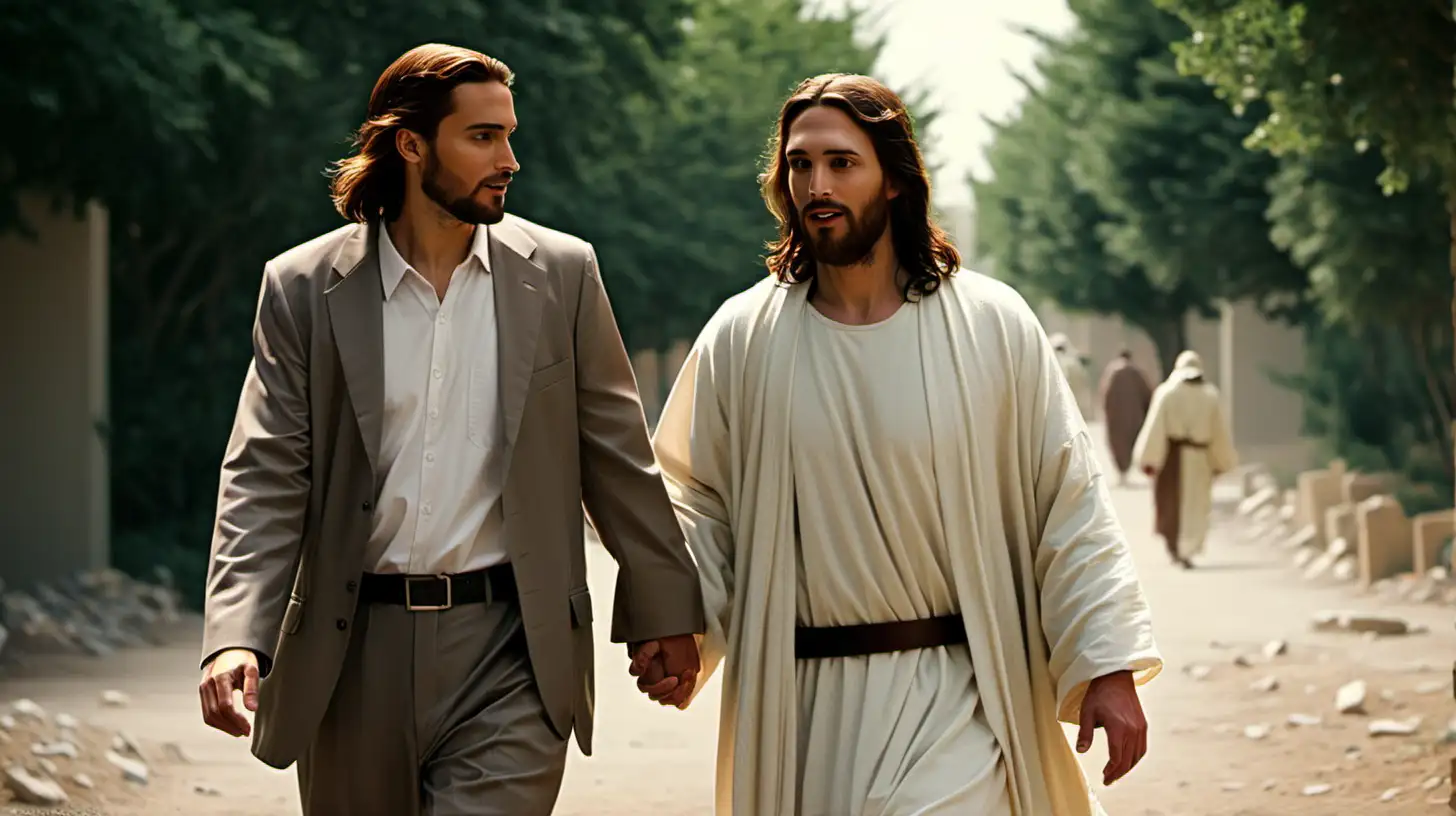 a  modern man and jesus walking together

