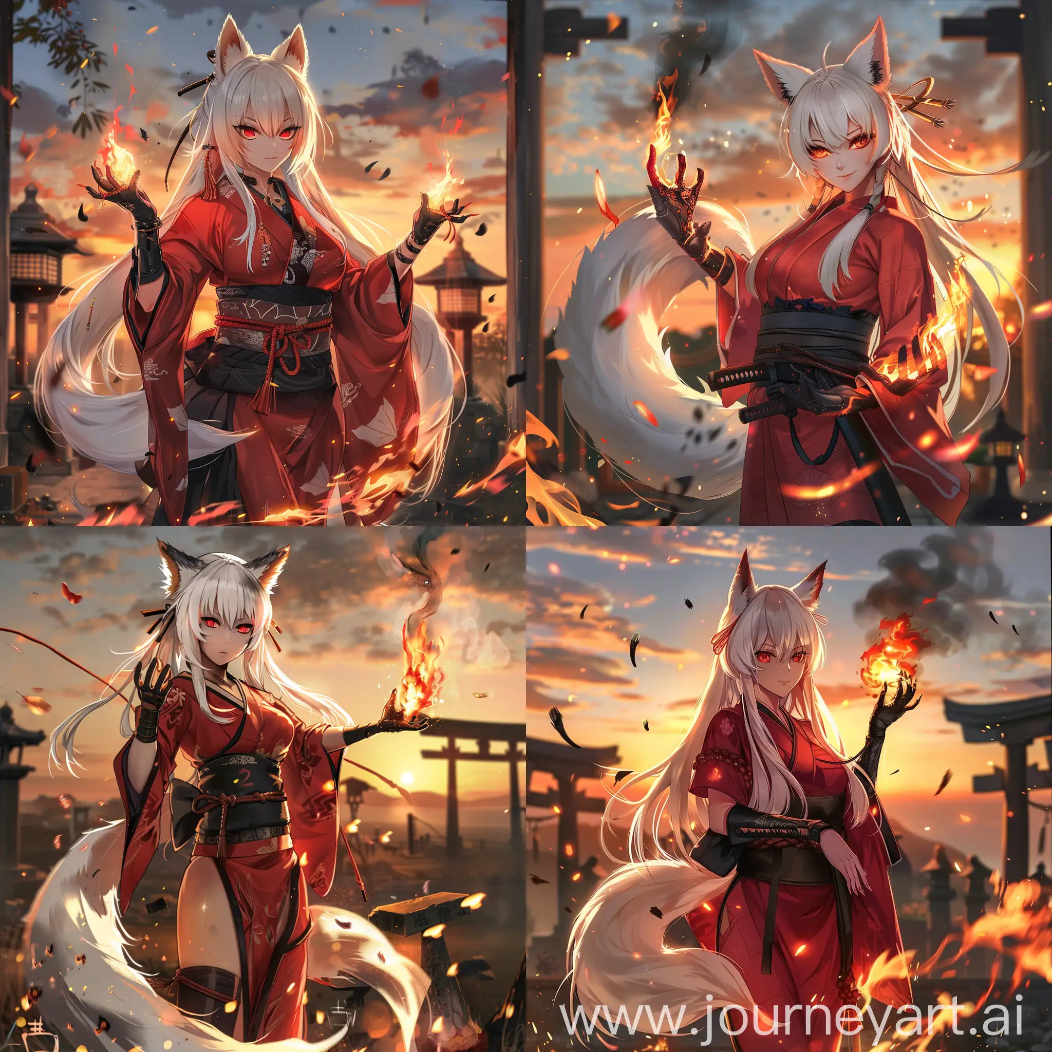 anime-style, full body, athletic, beautiful, tan skin, asian woman, long white hair, white fox ears, white fox tail attached to her waist, fiery red eyes, wearing a red kimono, black hakama, black sash, long black gloves, black leather boots, casting fire magic, hands wrapped in fire,  good anatomy, dynamic, embers falling in foreground, shinto shrine, sunset