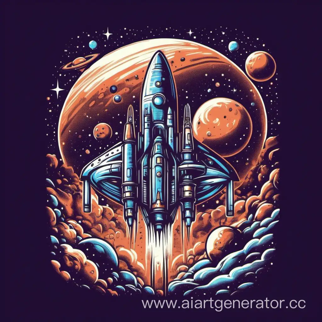 Принт на футболку космический корабль на фоне планеты