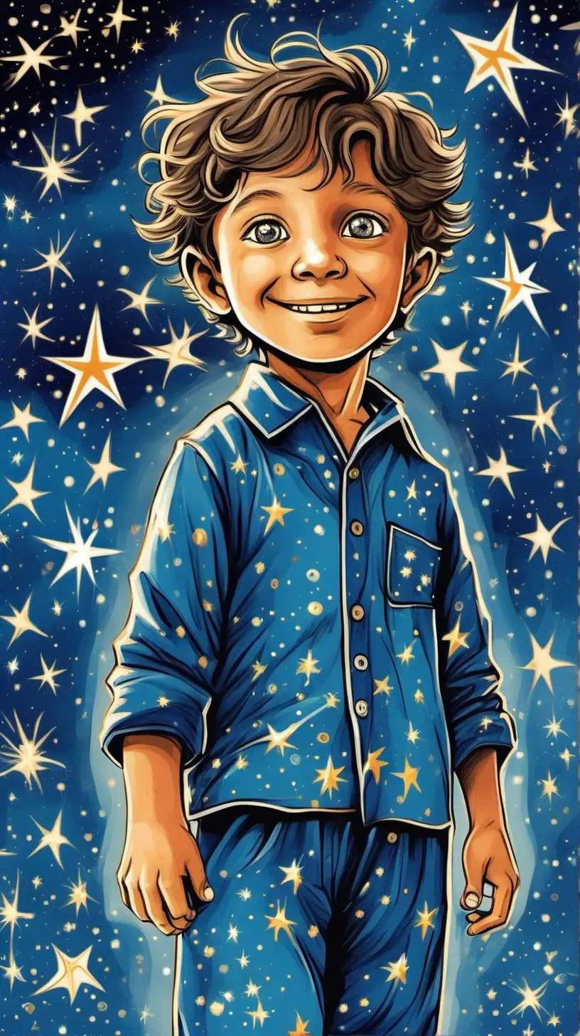  A young boy around 6-7 years old, with a sense of wonder and imagination. He has bright, curious eyes, a friendly smile, and short, slightly tousled hair. He is wearing bluepajamas adorned with a pattern of trains and stars