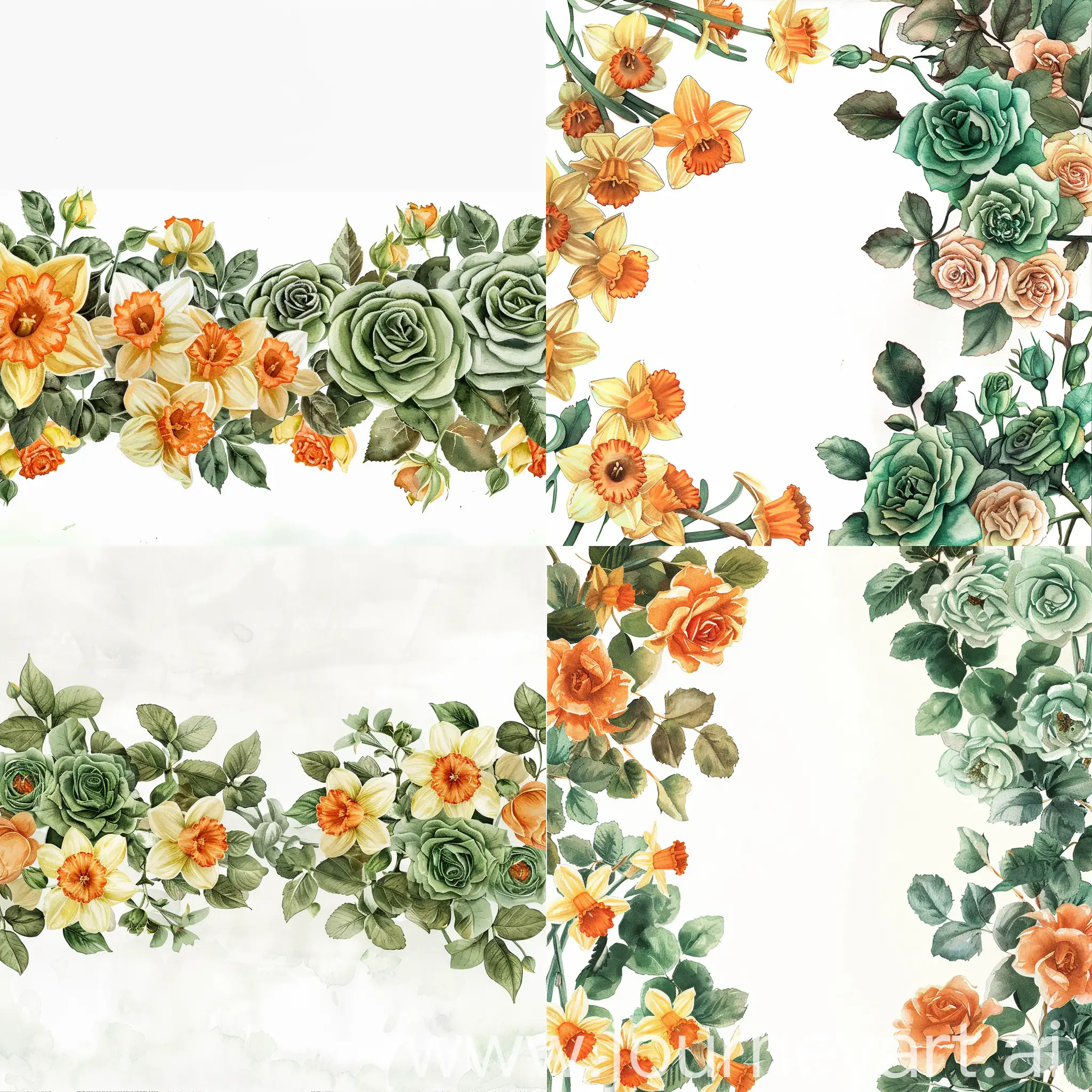 Spring-Floral-Watercolor-Painting-Orange-Daffodils-and-Green-Roses-on-White-Background