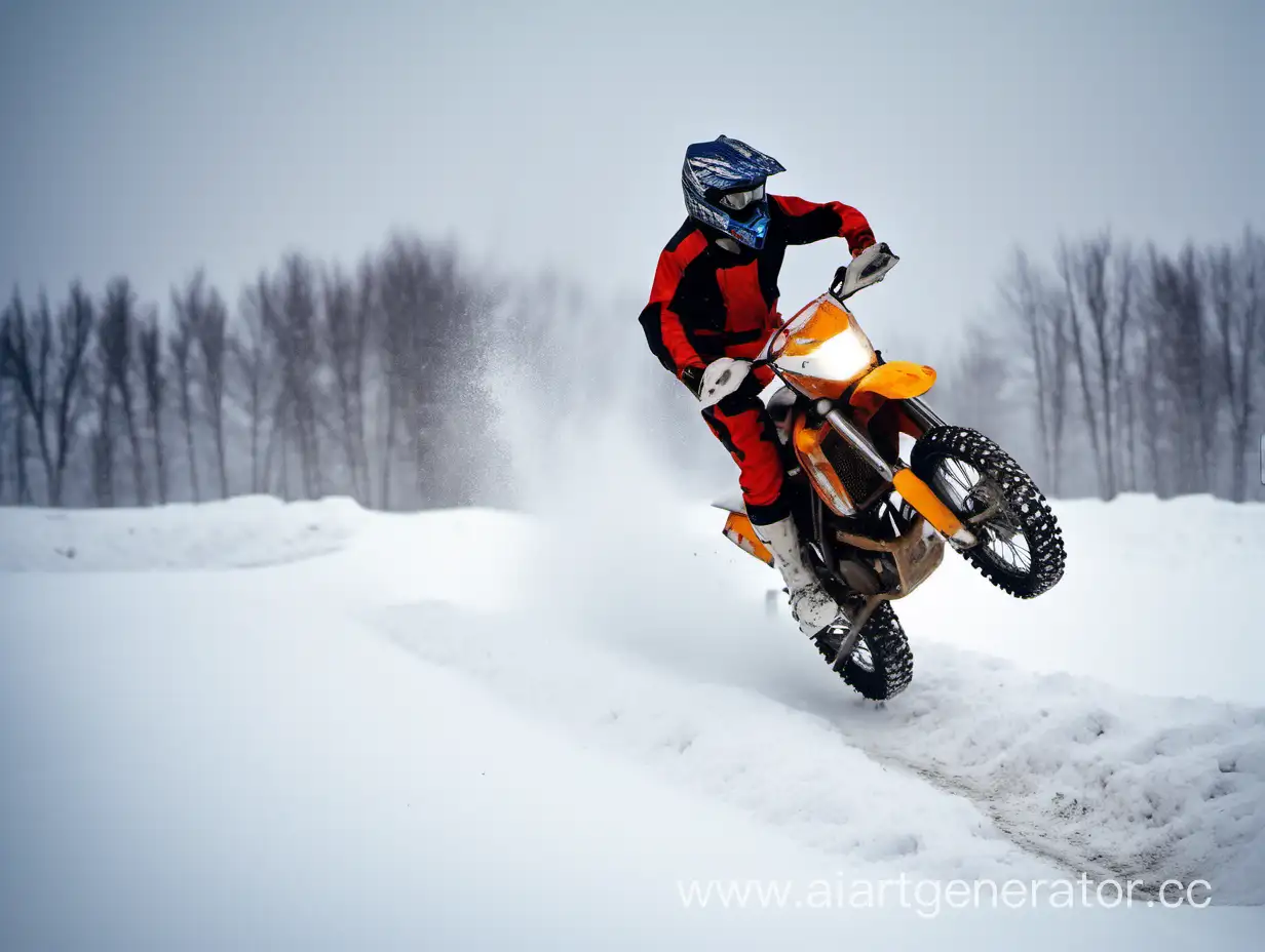 Thrilling-Enduro-Motorcyclist-Jumping-on-Snowy-Motocross-Track