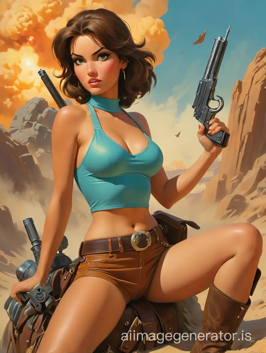 (((1970s vintage pulp art))), Lara croft in turquoise halter top, micro-brown shorts, gun-belt with holsters and brown hoking boots. Sat (side saddle) on top of 'fat man atomic bomb' falling diagonally, In a vintage pinup pose., vintage pulp art, by Earle K. Bergey, by Kelly Freas, by Alex Schomburg, by H. J. Ward, glossy pulp art, Amazing Stories, Weird Tales, 8k, high resolution, best quality, (anthro:0.1)