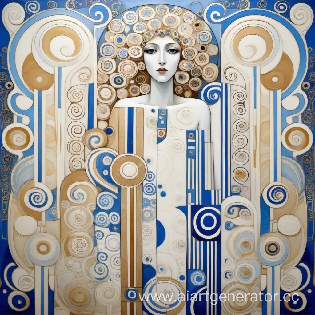 Gustav-Klimt-Inspired-White-Beige-Blue-Abstract-Art-with-Byzantine-Patterns-and-Cubist-Elements