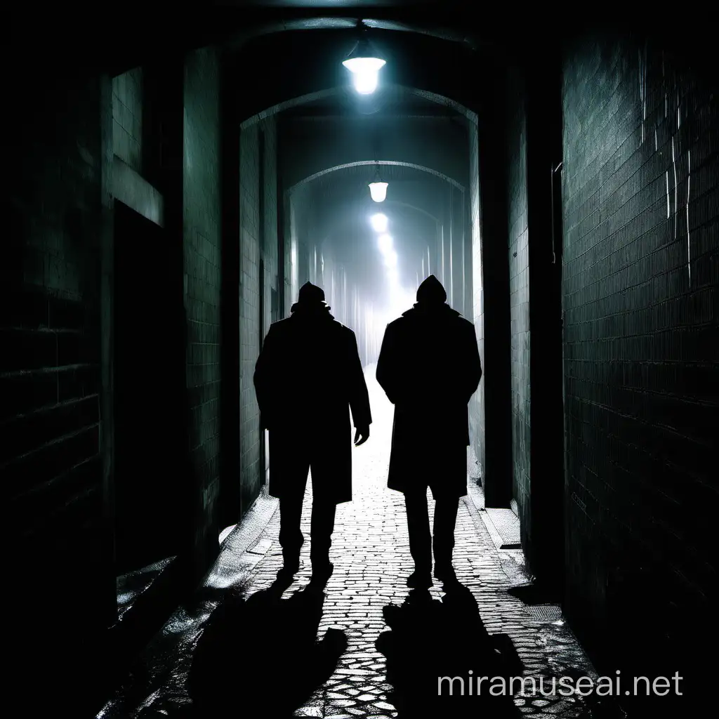 a dark ominous street  in brussels night, two male gangsta silhouettes waiting in a dark building passageway, one of them is smoking

