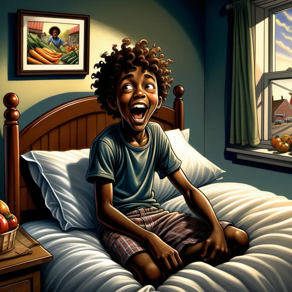 ernie barnes style cartoon african american 10 year old boy with curly hair wakes up in bed excited about the farmer's market