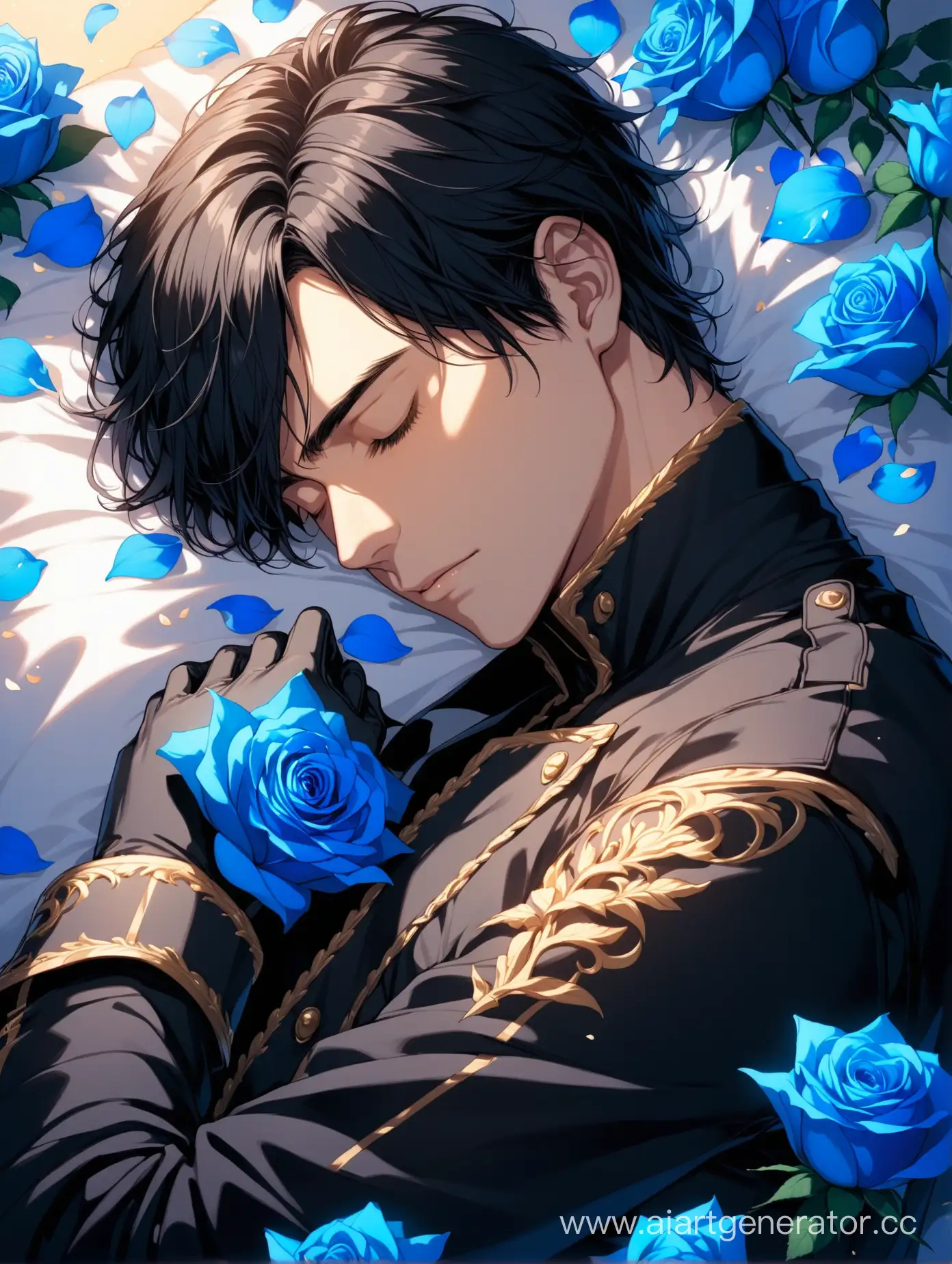 Solemn-Sleeping-Boy-Surrounded-by-Blue-Roses