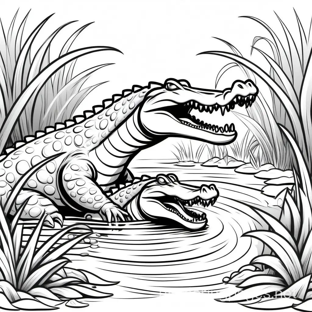 An alligator fighting an anaconda in a swamp, Coloring Page, black and white, line art, white background, Simplicity, Ample White Space. The background of the coloring page is plain white to make it easy for young children to color within the lines. The outlines of all the subjects are easy to distinguish, making it simple for kids to color without too much difficulty