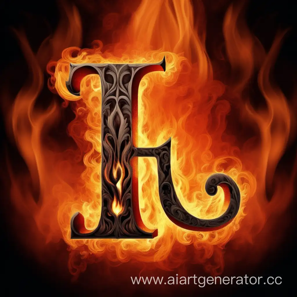 английская буква I, изысканный узор буквы, на фоне пламя огня