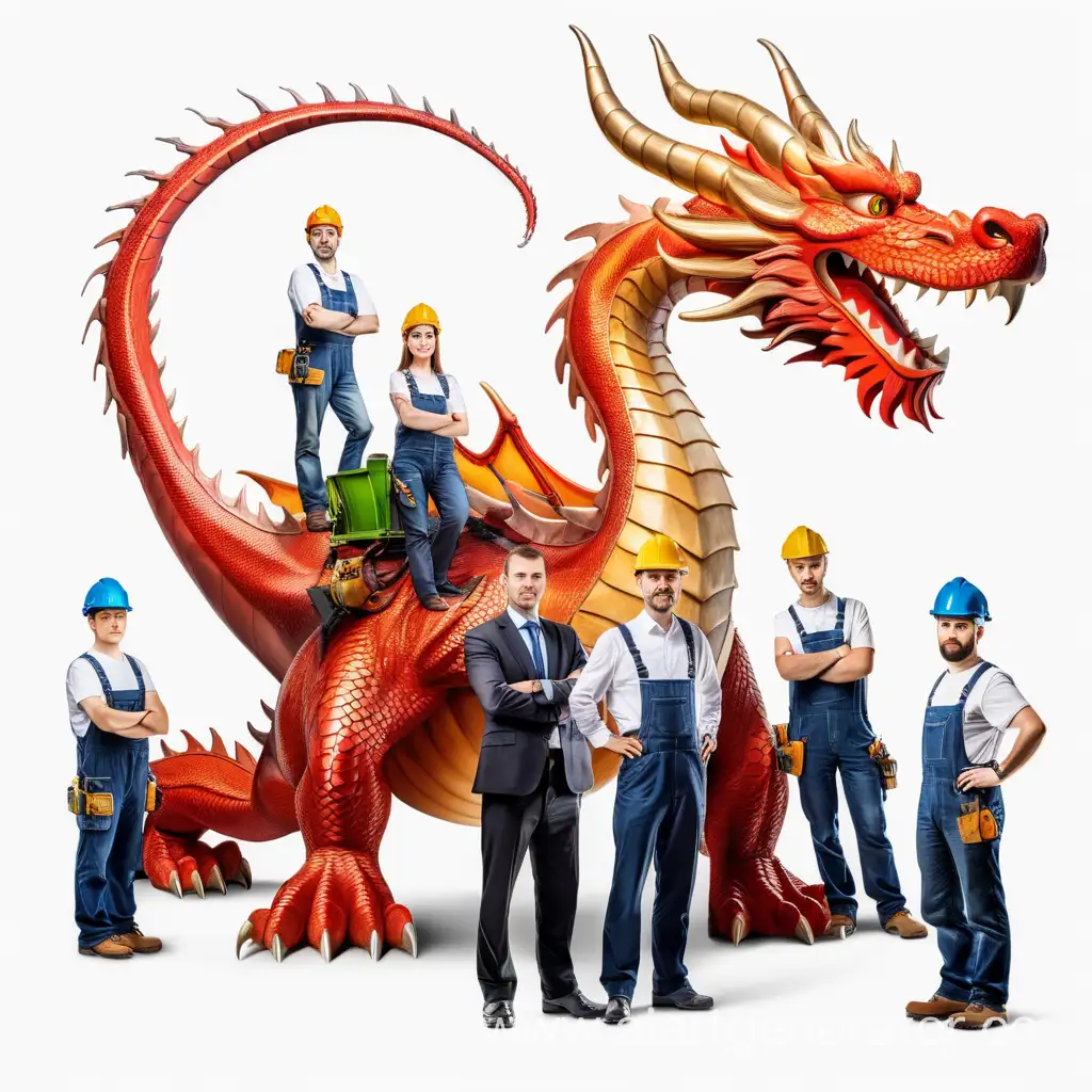 Adult European engineer, manager, secretary, worker, driver, builder stand around the dragon on the white background