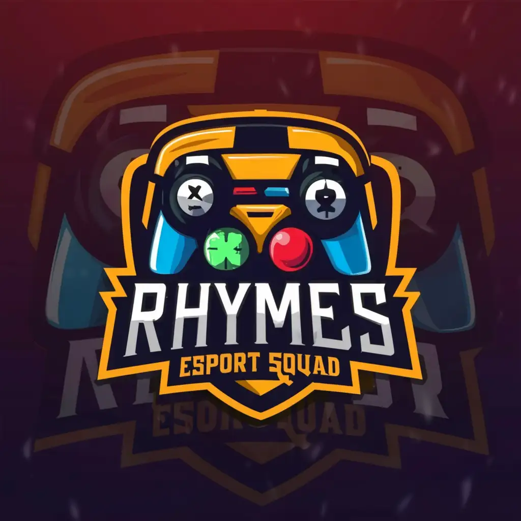 a logo design,with the text "RHYMES ESPORT SQUAD", main symbol:Game controller character of mobile legend,Moderate,clear background