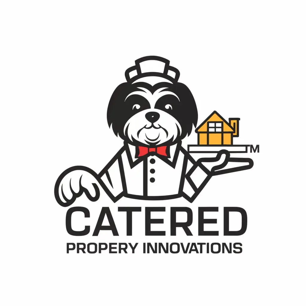 a logo design,with the text 'Catered Property Innovations', main symbol:black and white shi tzu dog in a suit as a waiter holding a plate with a home on the plate,Moderate,be used in Real Estate industry,clear background
