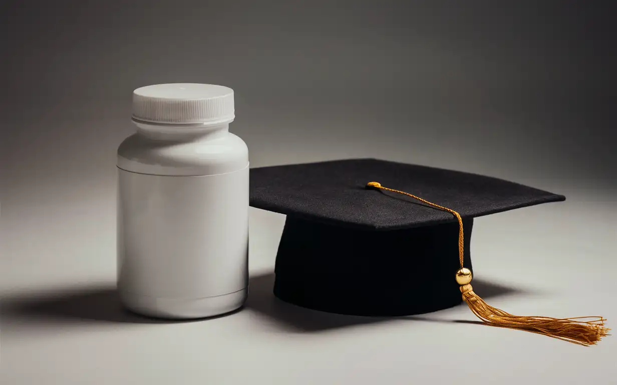 Generate an image of a dietary supplement bottle and a graduation hat on a minimalistic background, no watermark
