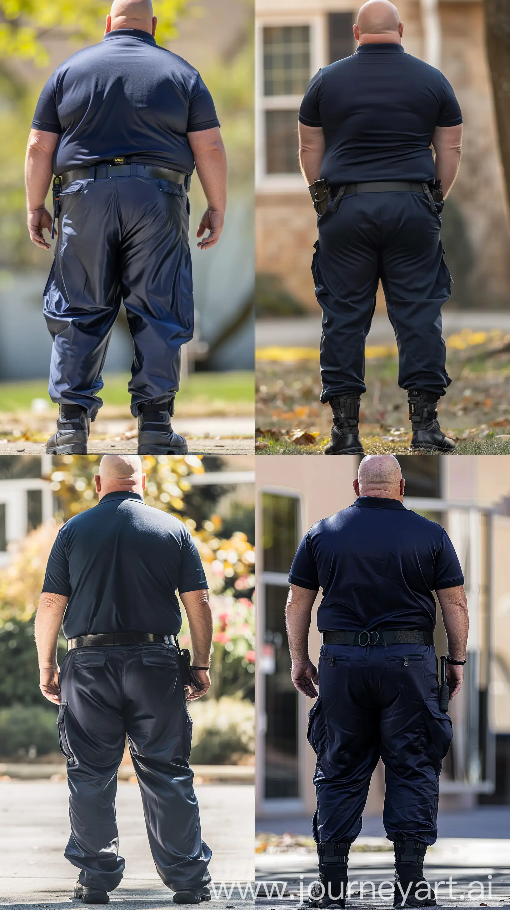 Close-up full body back view photo of a very fat tall man aged 60. The man is wearing silk navy extremely tight  battle pants tucked in black tactical boots, a tucked in silk navy sport polo shirt and a black tactical belt. Straight legs. Outside. Bald. Clean Shaven. Natural light. --ar 9:16