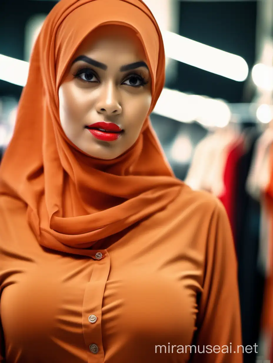 Malay Hijab Woman with Orange Hijab and Sexy Red Lips in Fashion Store Setting