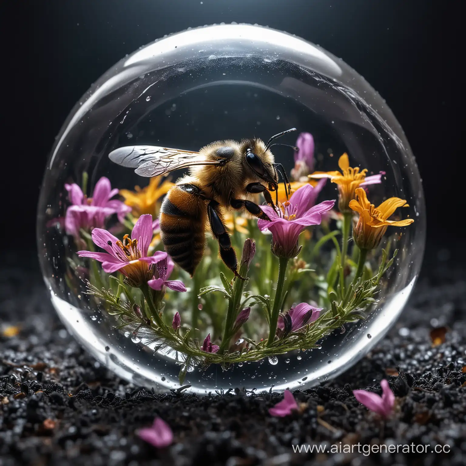Bee-Inside-Crystal-Ball-Intricate-Glow-Wildflower-with-Epic-Dark-Background