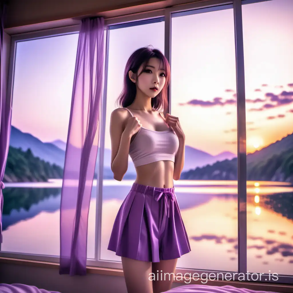 a Japanese natural slender female perfect grammar, dressing room her clothes on scene, view lake window, mocha white purple, sacred sunrise journey, glamorous feminine forward abs, kawaii